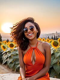 The 25 year old Kenyan girl wears a red halter dress near sunset at Mount of Olives Israel