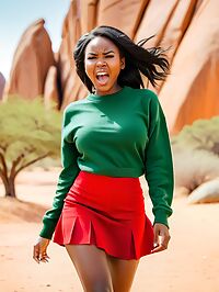 A 24 year old Nigerian woman stands in a sunlit outdoor scene at Spitzkoppe Namibia